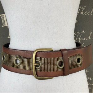 Linea Pelle Wide 2" Leather Brass Chain Metal Belt